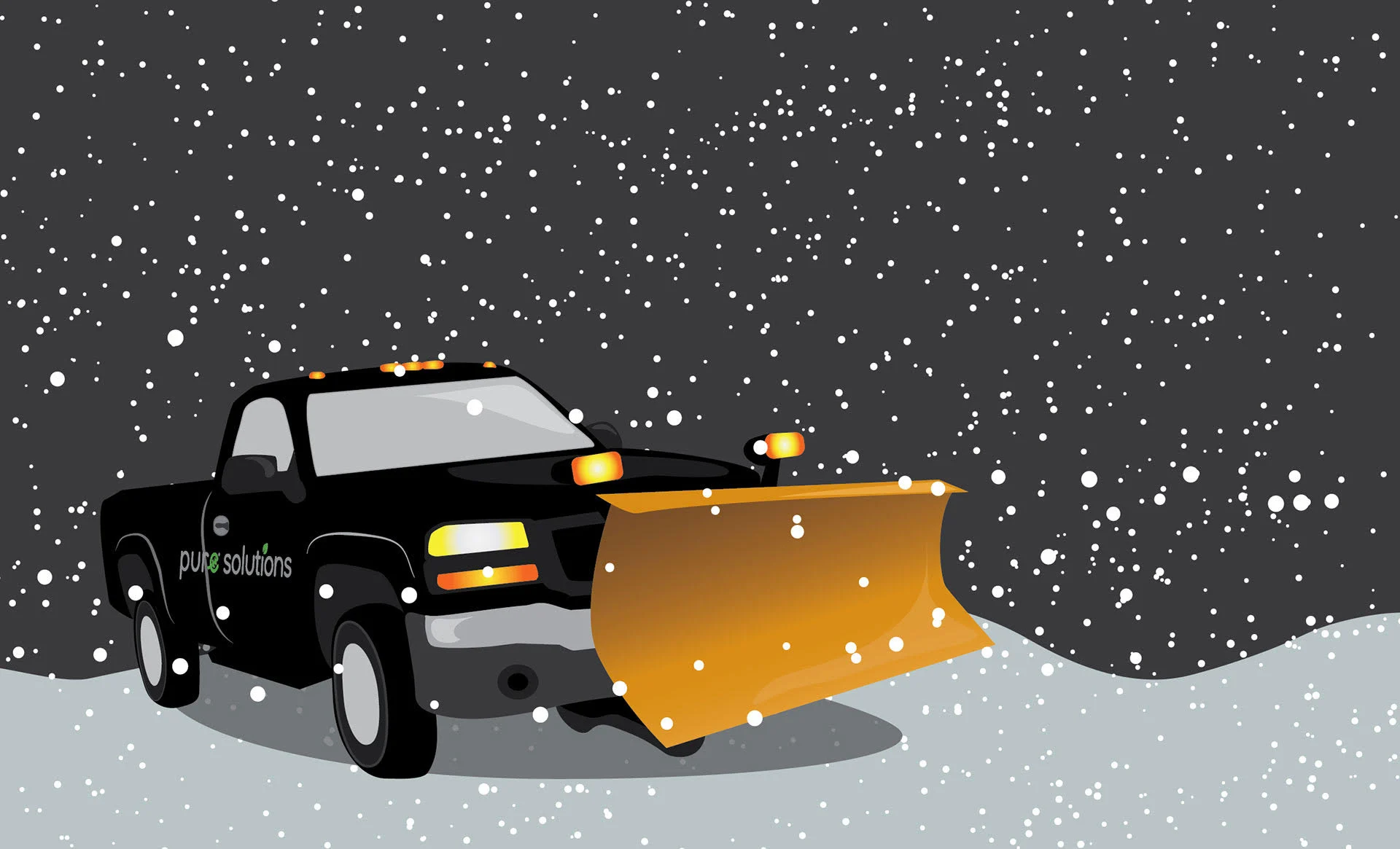 graphic of a Pure Solutions lawn care truck with a snow plow